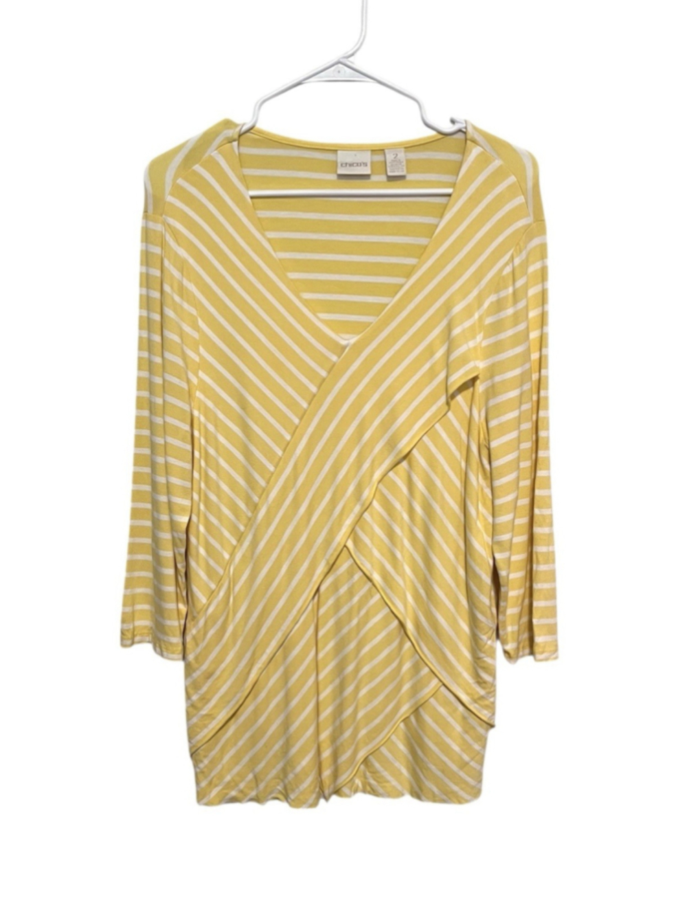 Chicos Layered Crossover Tunic Top Large 2 Yellow White Striped 3/4 Sleeve
